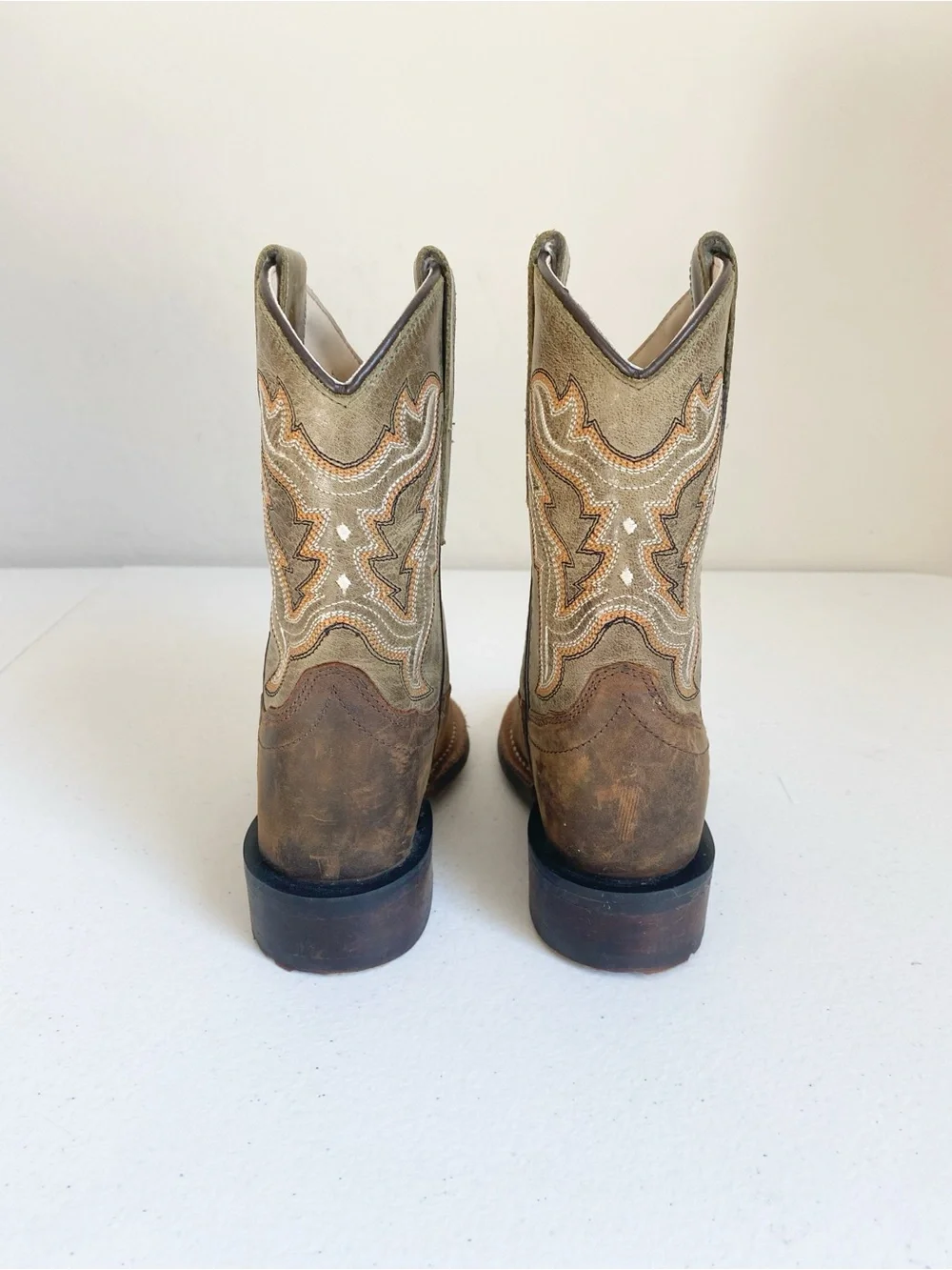 Old West Kids Broad Round Toe Leather Western Boots Tan Olive Size 8.5D